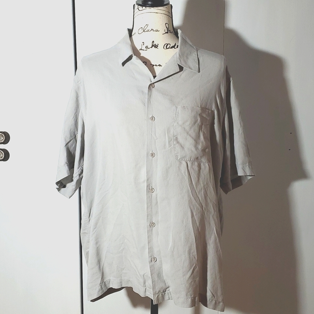 Perry Ellis |Mens Silk Gray Short Sleeve Pocket Dress Shirt Preppy Sz.Large